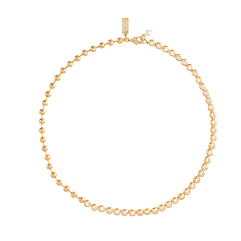 Talis Chains,  Ball Chain choker. 18k gold plated brass, Necklace, gold
5A cubic zirconia, half-half design. The lobster clasp and freshwater pearl

Size: 40cm