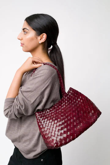 Ellyla Selina Two Long Handles Woven Leather Bag in Burgundy