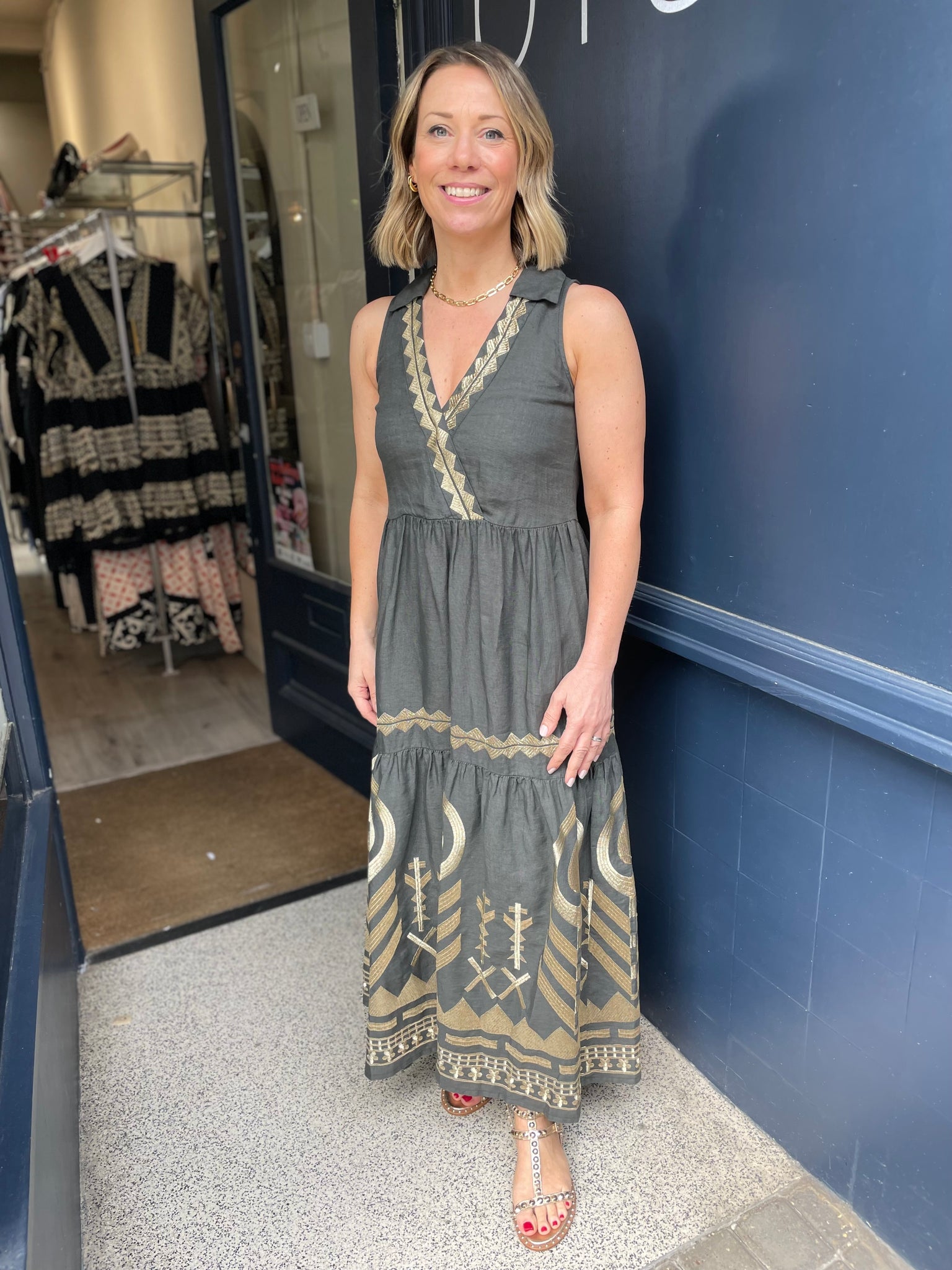 LAST ONE!* Greek Archaic Kori Feather Sleeveless Dress in Khaki & Gol blue Saffron Walden LAST ONE!* Greek Archaic Kori Feather Sleeveless Dress in Khaki & Gol blue Saffron Walden