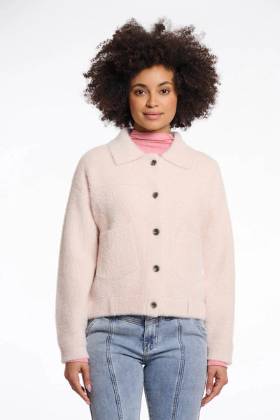Rino & Pelle Bubbly Boxy Jacket in Pale Woman wearing a light pink jacket with a white background