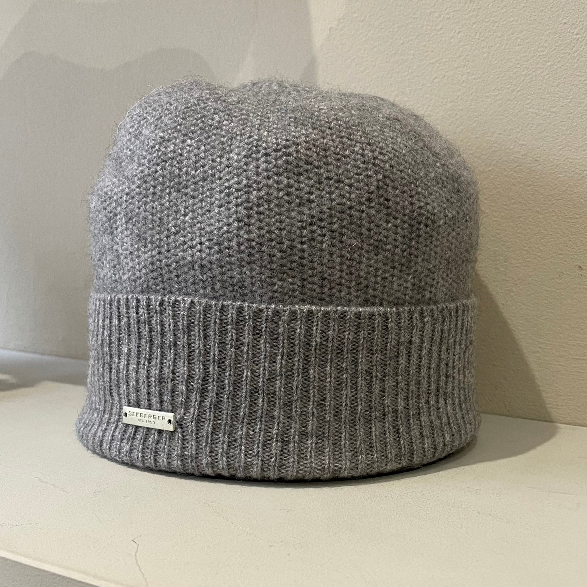 Seeberger Cashmere Beanie with Turn-up in Fancy Knit in Smoke Grey 19593-0