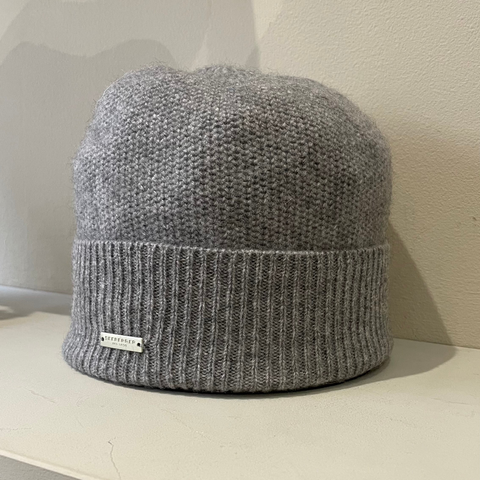 Seeberger Cashmere Beanie with Turn-up in Fancy Knit in Smoke Grey 19593-0