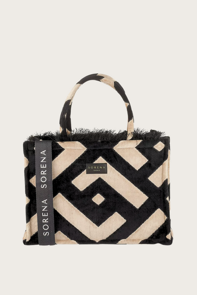 Sorena Gloria Large Tote Bag. Black and beige patterned bag with 'Sorena' branding 