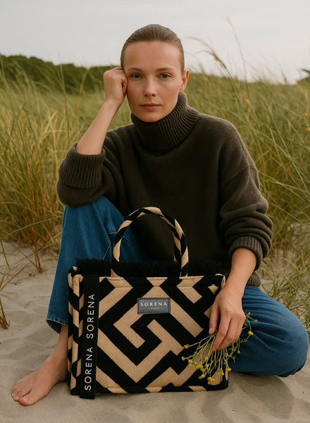Sorena Gloria Large Tote Bag. Black and beige patterned bag with 'Sorena' branding 