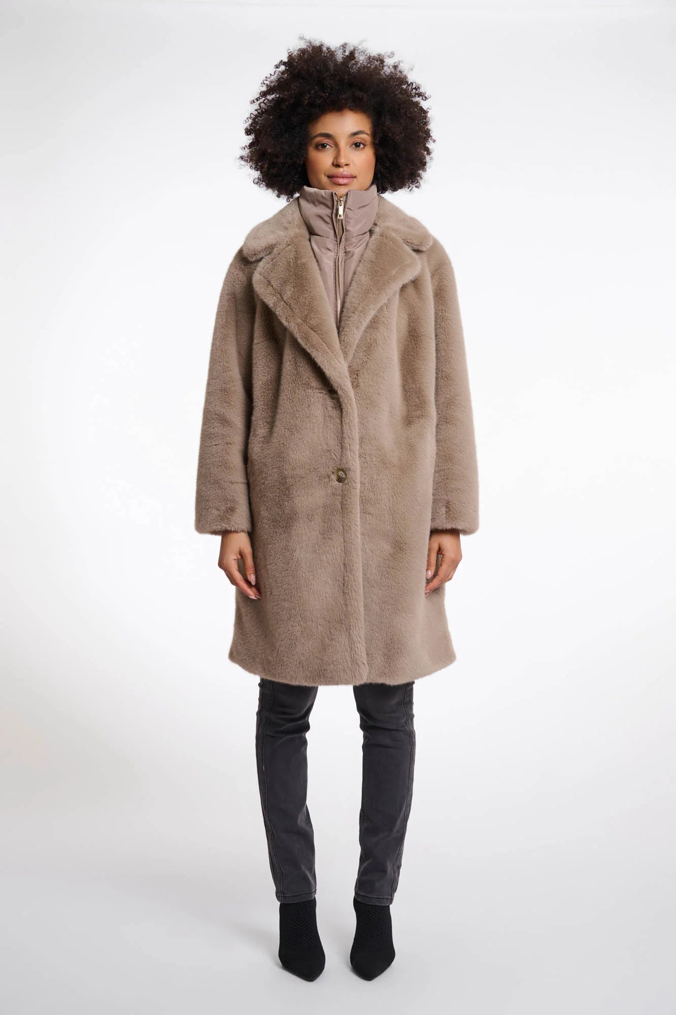 Rino & Pelle Geesje Single Breasted Faux Fur Coat with Detachable Collar in Toffee