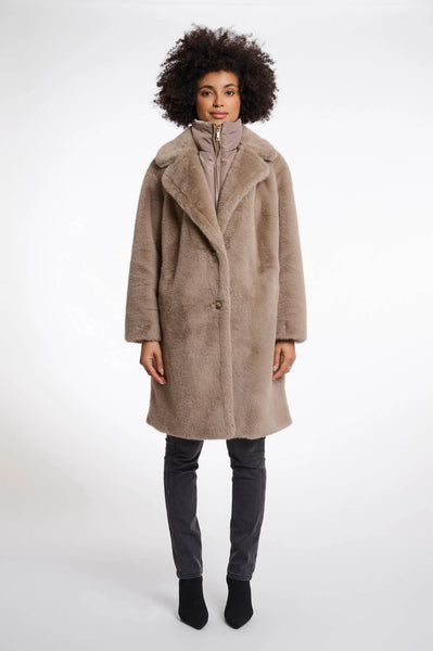 Rino & Pelle Geesje Single Breasted Faux Fur Coat with Detachable Collar in Toffee