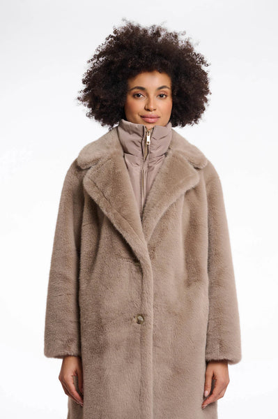 Rino & Pelle Geesje Single Breasted Faux Fur Coat with Detachable Collar in Toffee