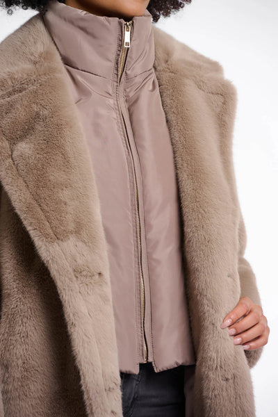 Rino & Pelle Geesje Single Breasted Faux Fur Coat with Detachable Collar in Toffee