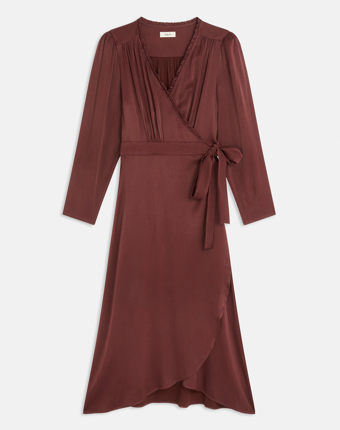 Suncoo Cipri Dress in Prune Maroon dress with long sleeves on a white background