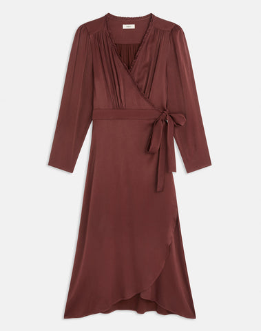 Suncoo Cipri Dress in Prune Maroon dress with long sleeves on a white background