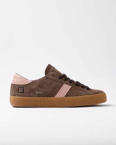D.A.T.E Hill Low Trainers in Suede Taupe Brown sneaker with pink accents on a white background