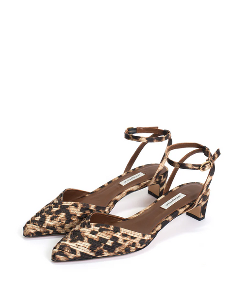 Anonymous Copenhagen Givia 40 Shoe in Leopard Pair of leopard print slingback shoes on a white background