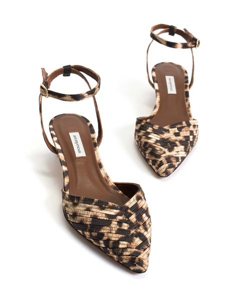 Anonymous Copenhagen Givia 40 Shoe in Leopard Pair of patterned high-heeled shoes on a white background