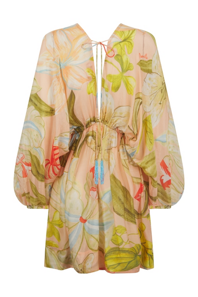 Pranella Astrid Junos Peach Kaftan Floral patterned dress with long sleeves on a white background