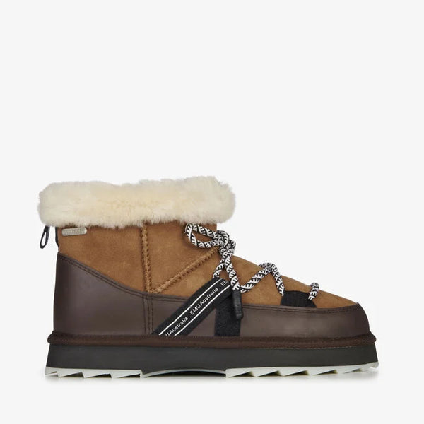 Emu Australia Blurred Micro in Chestnut W13129 Brown winter boot with white fur lining on a white background