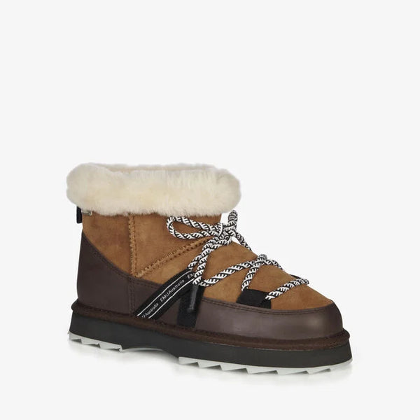 Emu Australia Blurred Micro in Chestnut W13129 Brown winter boot with white fur lining and decorative laces on a white background