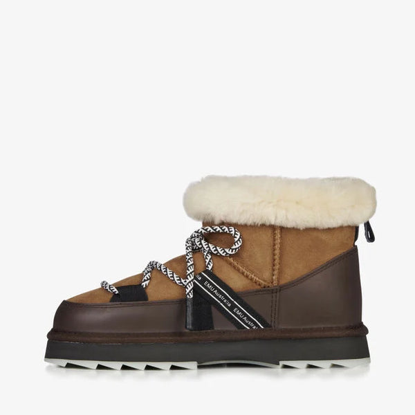 Emu Australia Blurred Micro in Chestnut W13129 Brown and beige winter boot with fur lining on a white background