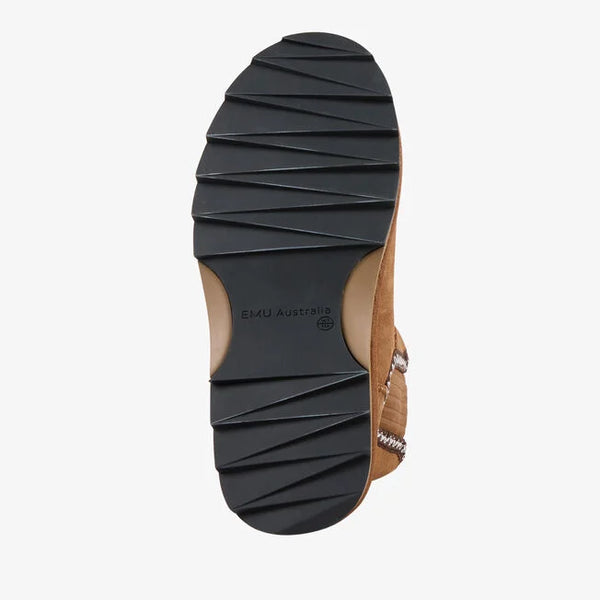 Emu Australia Higgie in Chestnut W13198 Black sole of a shoe with 'EMU Australia' branding on a white background