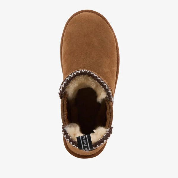 Emu Australia Higgie in Chestnut W13198 Brown suede slipper with fur lining on a white background