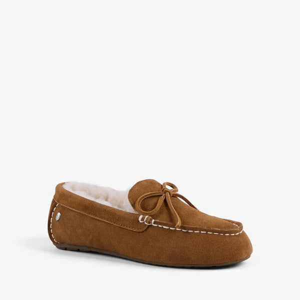 Emu Australia Sandrine in Chestnut W13211 Brown moccasin slipper with bow on a white background