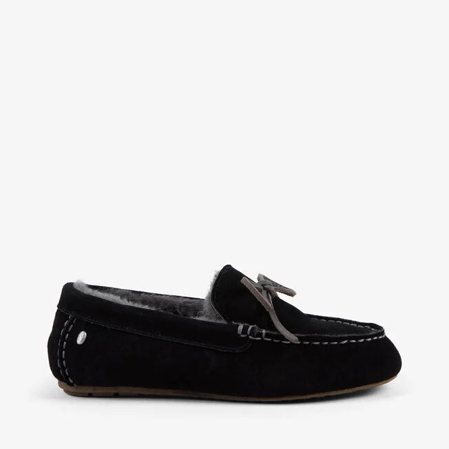 Emu Australia Sandrine in Black W13211 Black suede loafer with fur lining on a white background