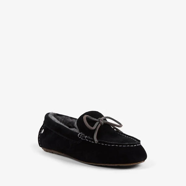 Emu Australia Sandrine in Black W13211 Black suede loafer with fur lining on a white background