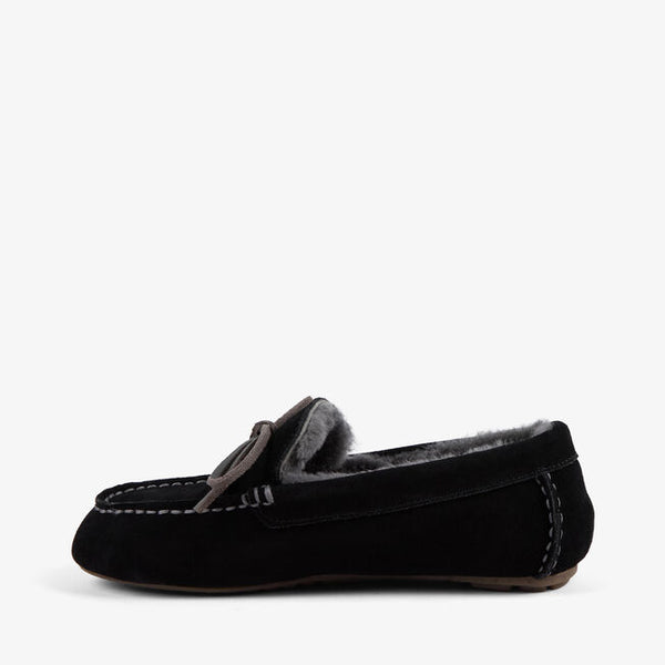 Emu Australia Sandrine in Black W13211 Black slipper with fur trim on a white background