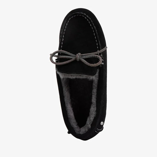 Emu Australia Sandrine in Black W13211 Black moccasin shoe with gray fur lining on a white background