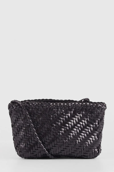 Ellyla Sia Crossbody Woven Bag in Black Black woven handbag on a light gray background