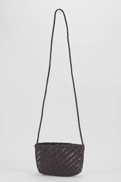 Ellyla Sia Crossbody Woven Bag in Black Black woven handbag with a long strap on a light gray background