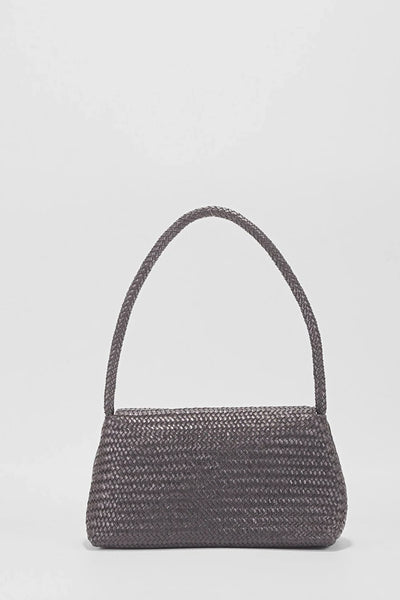 Ellyla Simi Woven Leather Baguette Bag in Black Gray woven handbag on a light gray background