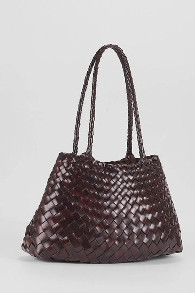 Ellyla Selina Two Long Handles Woven Bag in Espresso Woven brown leather handbag on a light gray background