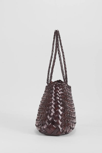 Ellyla Selina Two Long Handles Woven Bag in Espresso Woven handbag with braided handle on a light gray background