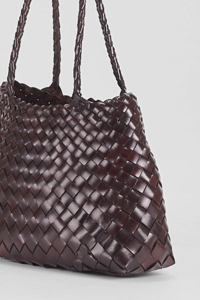 Ellyla Selina Two Long Handles Woven Bag in Espresso Brown woven handbag on a light gray background