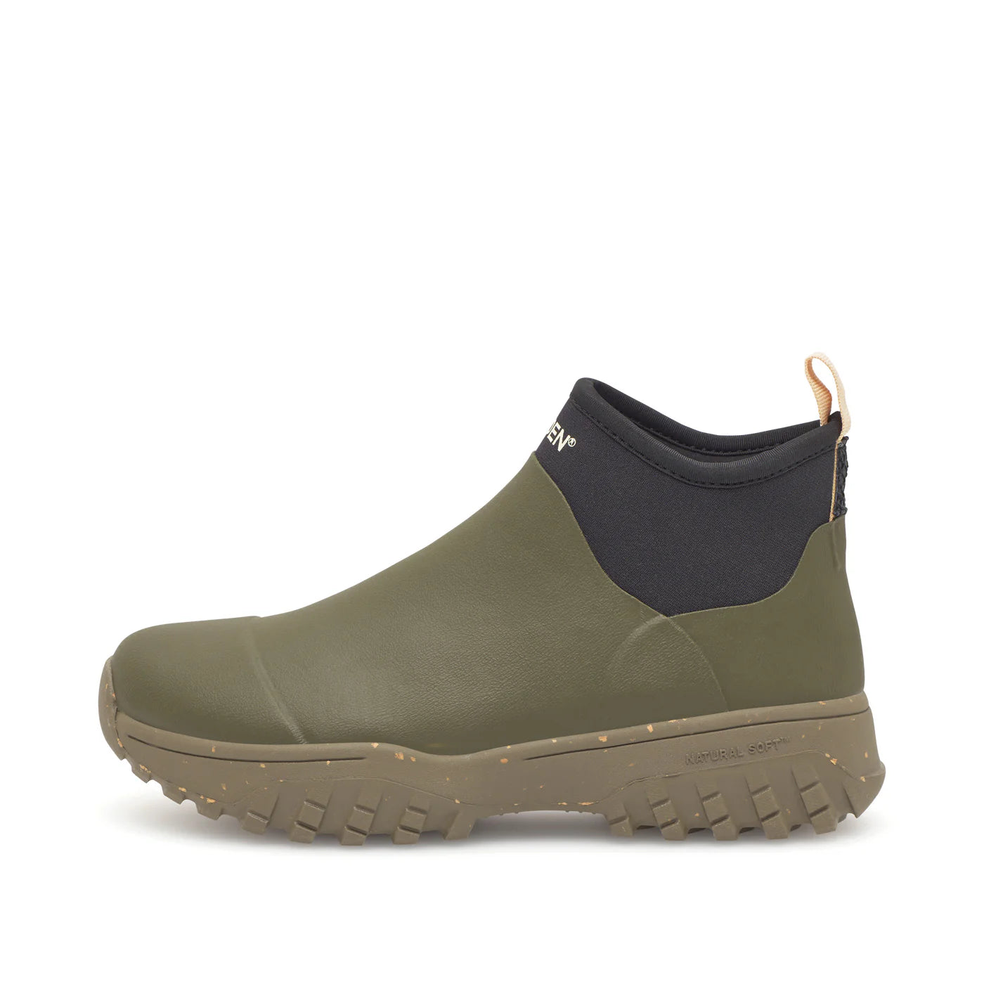 Woden Irene Waterproof Boot in Dark Olive Green rubber boot with black collar on a white background