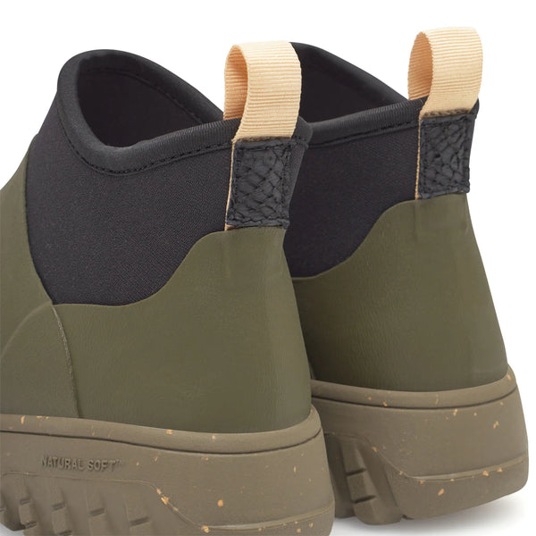 Woden Irene Waterproof Boot in Dark Olive Pair of green boots with black neoprene sections on a white background