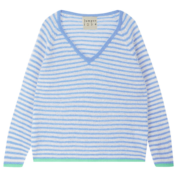 Jumper 1234 Tipped Little Stripe Vee in Arctic Blue, Cream and Mojito