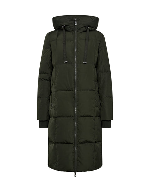 Mos Mosh Nova Square Down Coat in Rosin Long dark green puffer coat with a hood on a white background