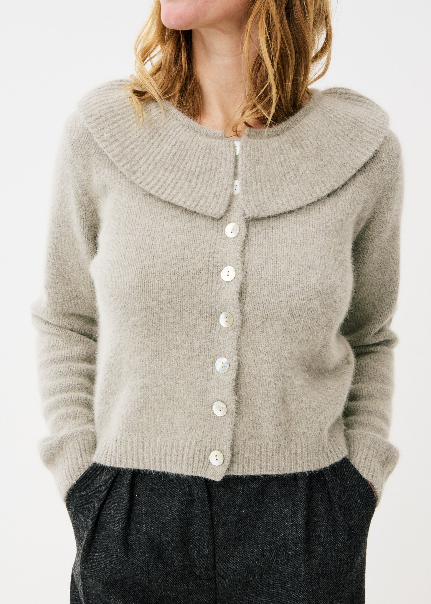 Maison Anana Alinda Cardigan Beige knitted cardigan with a collar worn by a person on a white background