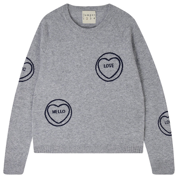 Jumper 1234 Cashmere All Over Love Hearts Sweater in Mid Grey and Navy