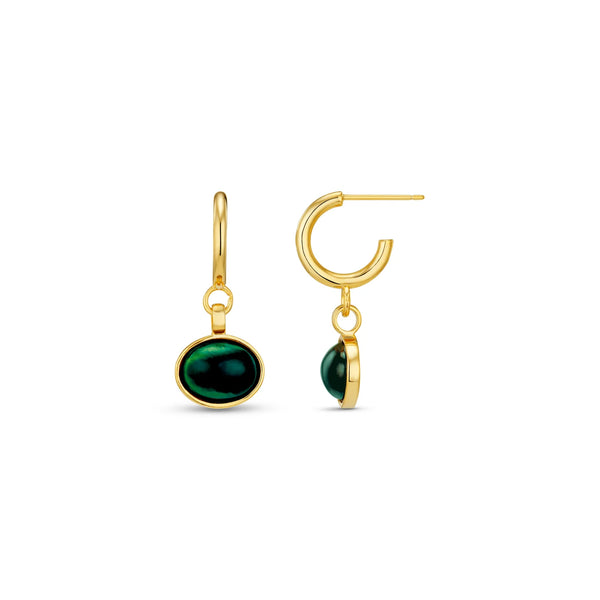 Orelia Semi-Precious Green Jade Drop Hoop Earrings Gold earrings with green gemstones on a white background