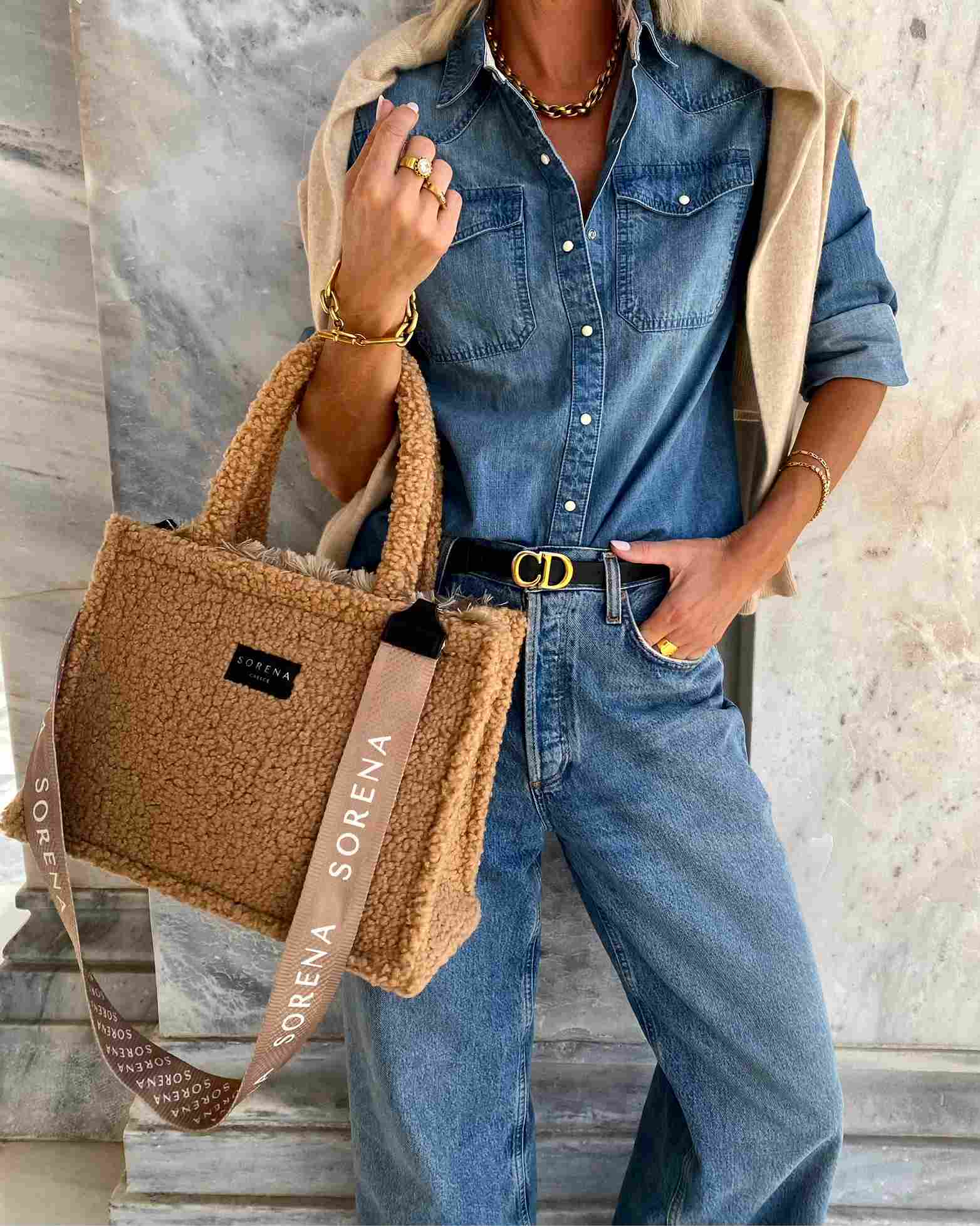 Sorena Teddy Honey Medium Bag Beige textured tote bag with 'SORENA' branding on a beige background