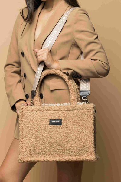 Sorena Teddy Honey Medium Bag Beige textured tote bag with 'SORENA' branding on a beige background