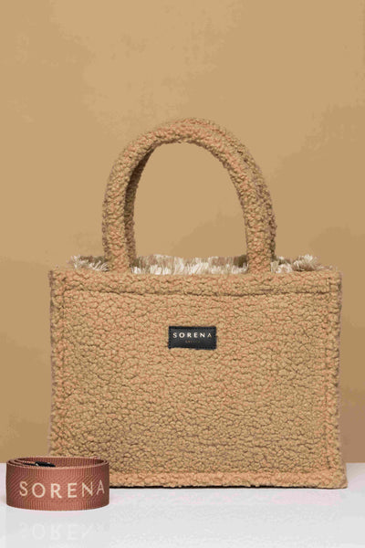 Sorena Teddy Honey Medium Bag Beige textured tote bag with 'SORENA' branding on a beige background