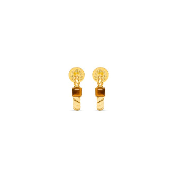 Talis Chains Everyday Twist Hoops - Tiger's Eye Pair of gold earrings on a white background