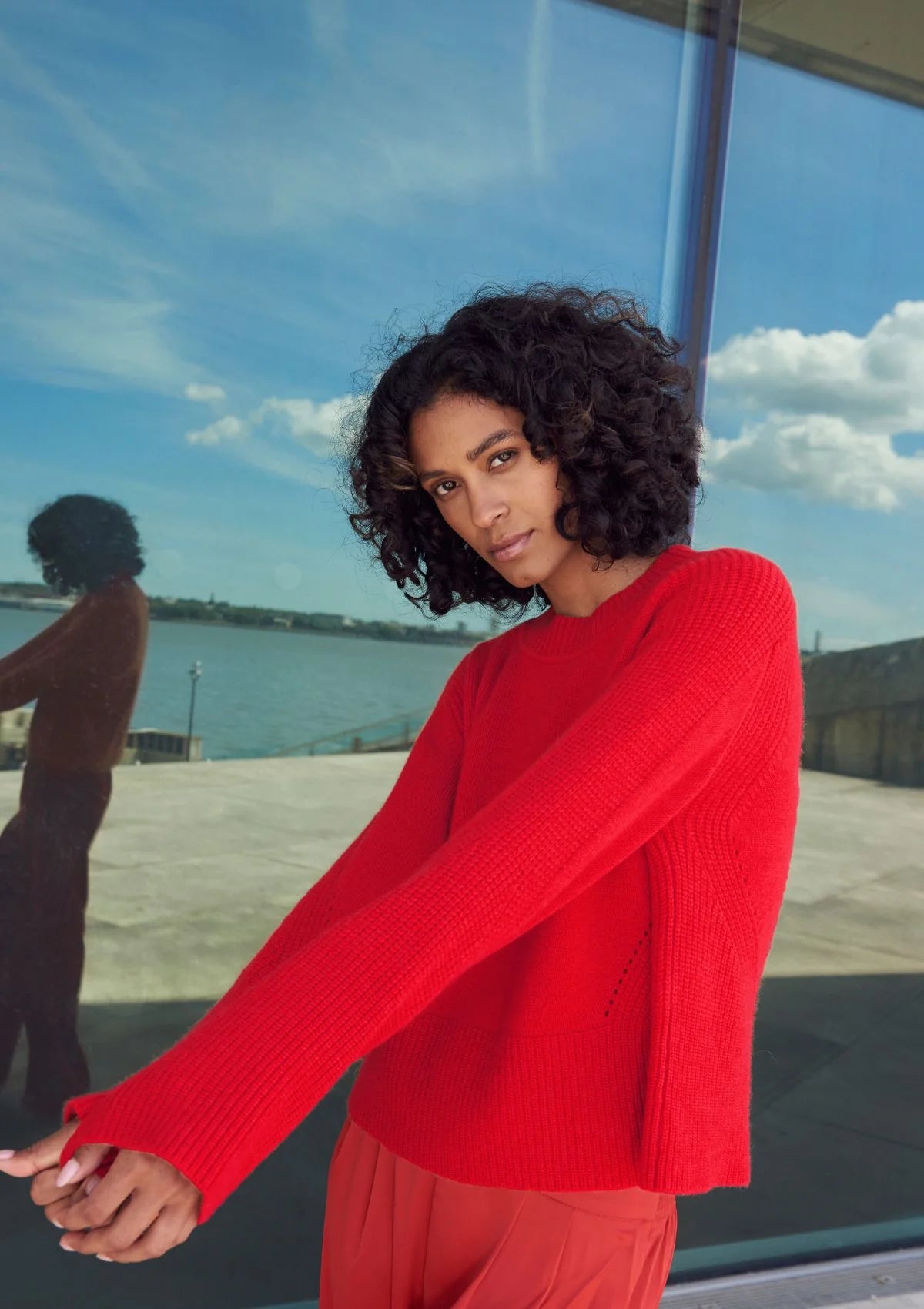 Loop Cashmere Ribbed Lofty Crew Sweat in Crimson Red