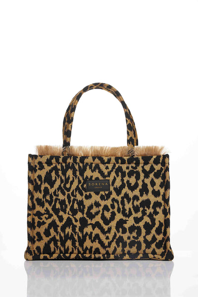 Sorena Leopard Velvet Brown Medium Tote Bag Leopard print tote bag with a visible brand logo