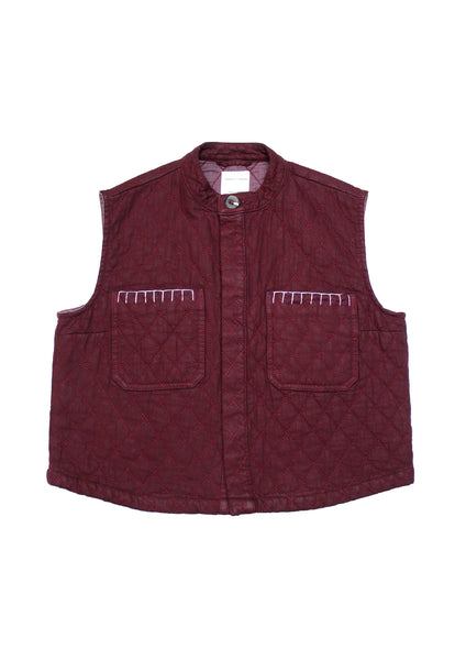 Seventy + Mochi Quilted Pablo Vest in Mulberry Maroon vest with two front pockets on a white background