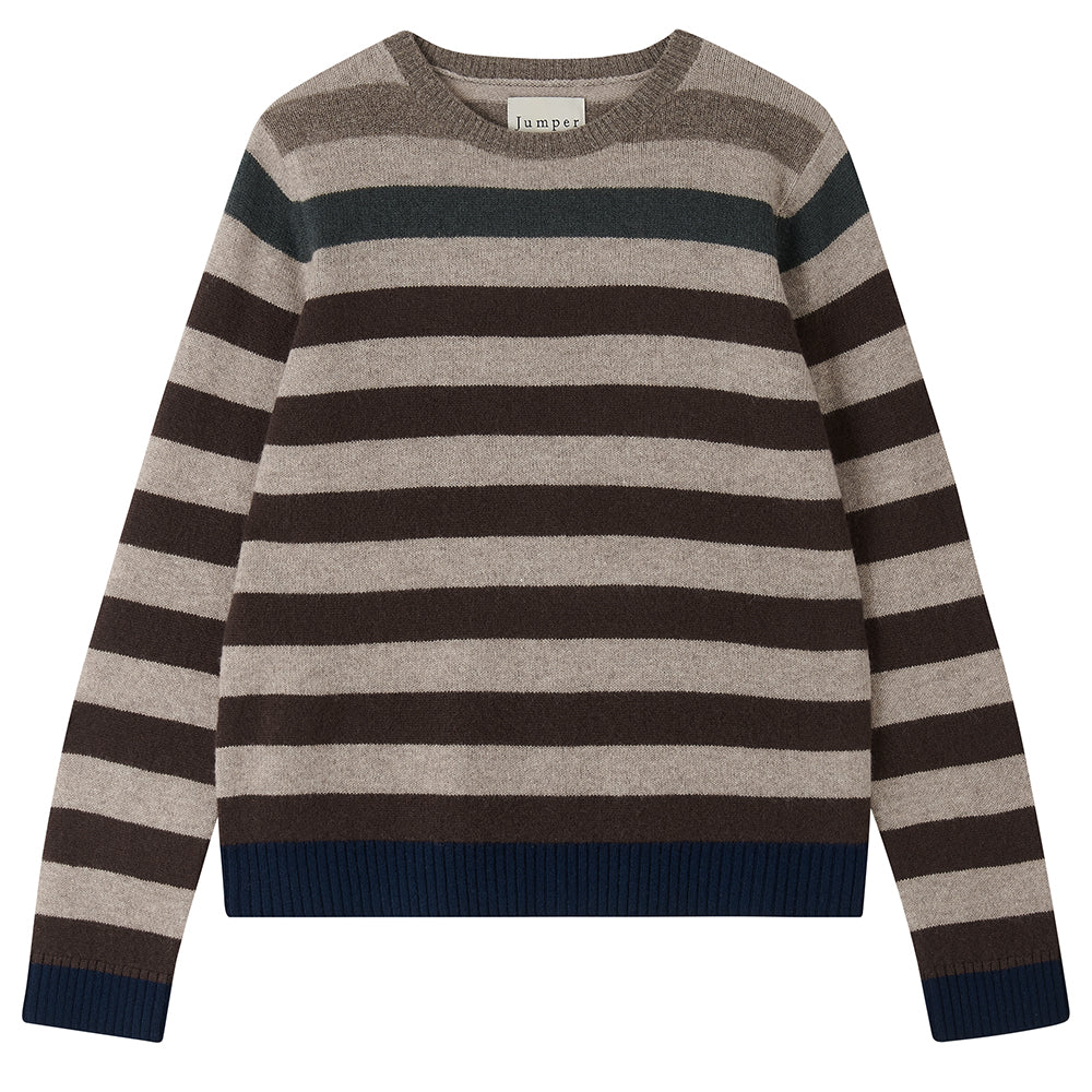 Jumper 1234 Gradient Stripe Crew in Brown/Pluto/New Navy Striped sweater with brown and beige stripes on a white background