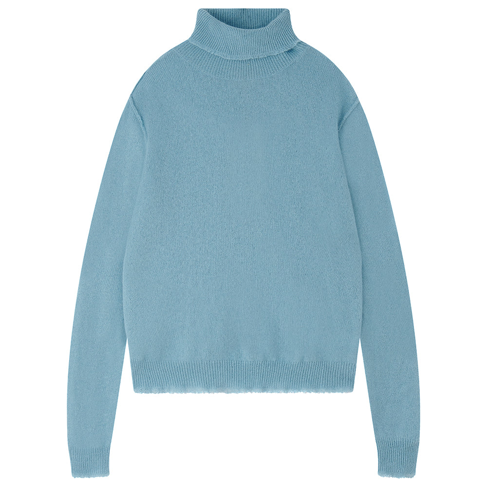 Jumper 1234 Distressed Roll Collar Sweater in Sky Blue Light blue turtleneck sweater on a white background